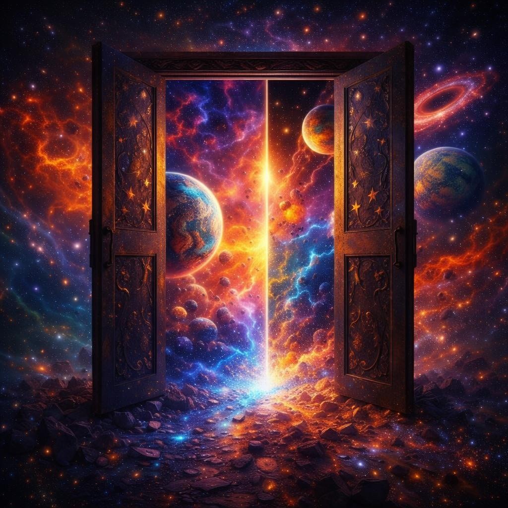 Open ornate door with cosmic view of planets, stars, and colorful nebulae