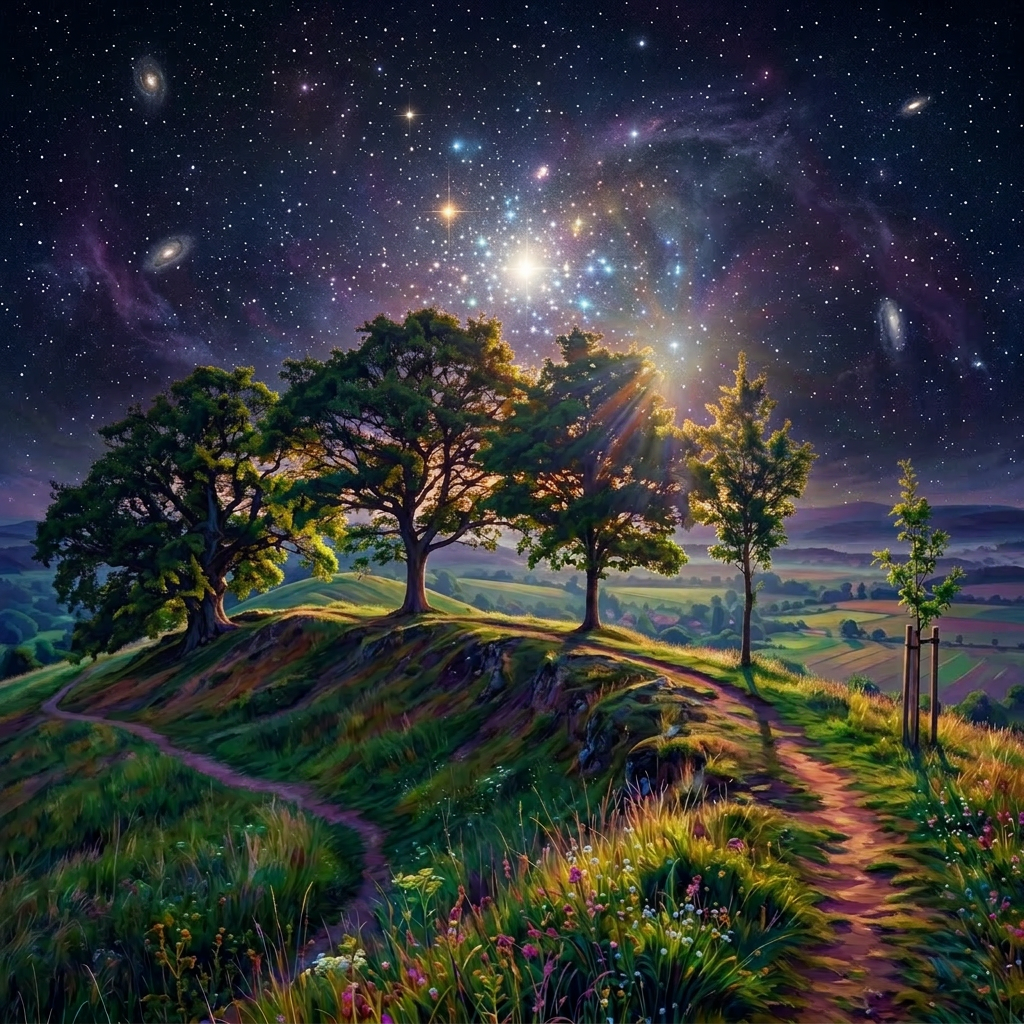 Grassy hill with various trees under a colorful sunrise sky