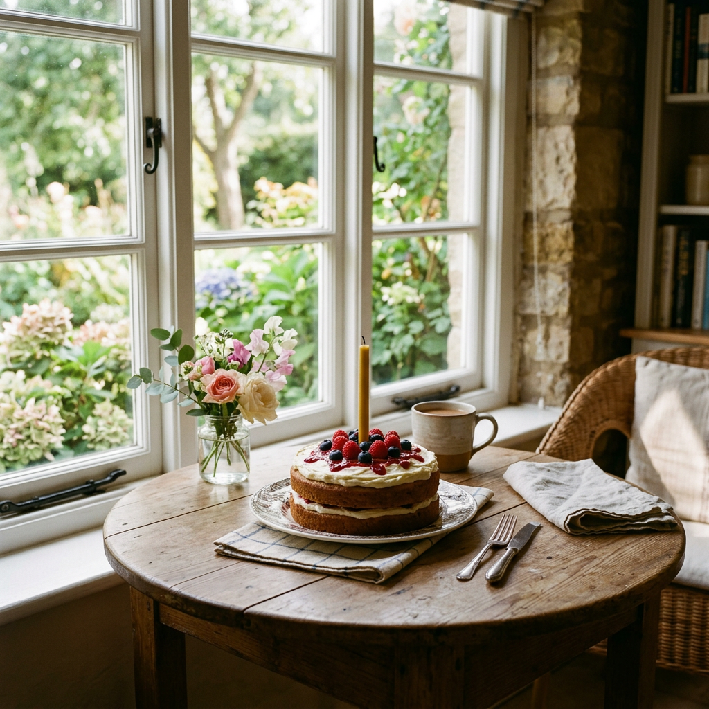 Homemade layered cake with berries and a candle on wooden table near window with flowers and coffee cup